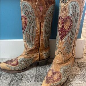 Corral Heart & Wings Snip Toe Leather Boots 6.5